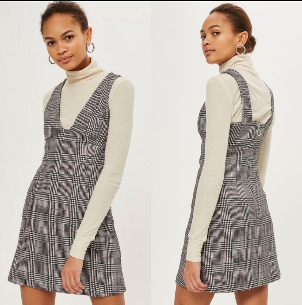 Topshop Plaid A-line V-neck Pinafore Dress